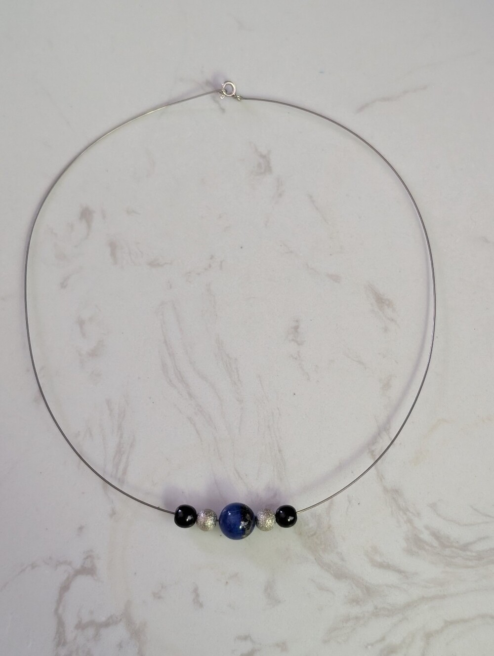 Sterling Silver 925 Marked Necklace Choker With Blue Lapis Lazuli Pendant Stone